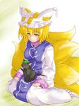  animal_ears bad_id bad_pixiv_id blonde_hair cat cat_ears cat_tail chen chen_(cat) earrings fox_tail hat jewelry long_sleeves pillow_hat short_hair solo tail tassel touhou wide_sleeves yakumo_ran yude 