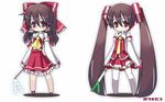  bespectacled cosplay detached_sleeves dual_persona glasses hakurei_reimu hatsune_miku hatsune_miku_(cosplay) long_hair miichi_(mimimi) multiple_girls ribbon skirt spring_onion thighhighs touhou twintails vocaloid vocaloid_boxart_pose 