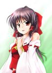  :d bad_id bad_pixiv_id bare_shoulders blush bow brown_hair cravat detached_sleeves flying_sweatdrops hair_bow hair_tubes hakurei_reimu hand_on_own_chest looking_at_viewer nanaume_(shichimi_tougarashi) open_mouth red_bow red_eyes ribbon-trimmed_sleeves ribbon_trim sidelocks smile solo touhou upper_body 