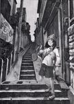  abe_yoshitoshi copyright_request dragon greyscale hat highres monochrome perspective shorts solo stairs 