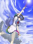  blue_hair cloud day food fruit gigokku hat hinanawi_tenshi long_hair peach ribbon sky solo sword sword_of_hisou touhou weapon 