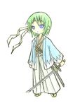  blue_eyes flat_chest green_hair hakama haori headband iwasaki_minami japanese_clothes katana kimono lucky_star non-web_source samurai sandals sheath shinsengumi short_hair simple_background solo sword traditional_media weapon white_background 