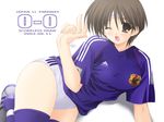  2002 adidas artist_request brown_eyes brown_hair buruma clothes_writing copyright_request headband non-web_source one_eye_closed short_hair signature soccer_uniform solo sportswear thighhighs 