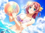  aqua_eyes ball beachball bikini blue_eyes blush bomi breasts cleavage day dutch_angle game_cg hatanaka_shino large_breasts non-web_source print_sarong red_hair sarong short_hair sim_love_~hitonatsu_no_kiseki~ solo swimsuit wading water 