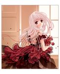  arehandora bare_shoulders flower long_hair original petals pink_hair red_eyes resized rose solo wings 