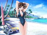  armpits arms_behind_head arms_up beach black_hair bracelet breasts casual_one-piece_swimsuit chair cleavage cloud day earrings futari_ecchi highleg highleg_swimsuit jewelry katsu_aki large_breasts legs lipstick long_hair lounge_chair makeup mountain one-piece_swimsuit onoda_yura outdoors palm_tree pose purple_eyes sideboob sky smile solo standing swimsuit tree umbrella water wavy_hair 