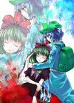  backpack bag blue_hair bow frills front_ponytail green_hair hair_bobbles hair_bow hair_ornament hat holding_arm kagiyama_hina kawashiro_nitori long_hair multiple_girls open_mouth projected_inset ribbon short_hair short_twintails sleeping tadano_kagekichi touhou twintails two_side_up 