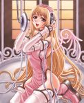  artist_request blonde_hair blush brown_eyes copyright_request headphones long_hair microphone music singing solo thighhighs very_long_hair wings 