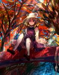  autumn bad_id bad_pixiv_id blonde_hair ddbb eyes hat in_tree moriya_suwako ribbon short_hair sitting sitting_in_tree solo thighhighs touhou tree 