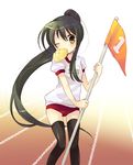  black_hair bread bread_eating_race buruma flag food graphite_(medium) gym_uniform looking_at_viewer melon_bread mixed_media mouth_hold numbered_flag one_eye_closed shakugan_no_shana shana solo sports_festival tachitsu_teto thighhighs traditional_media 