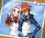  1girl blue_eyes bodysuit darry_adai freckles gimmy highres orange_hair photo_(object) pilot_suit pink_hair ponytail red_bodysuit shion_souta short_hair smile tengen_toppa_gurren_lagann white_bodysuit 