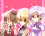 ;q blonde_hair brown_eyes brown_hair china_dress chinese_clothes dress hat inuinui lavender_hair lunasa_prismriver lyrica_prismriver merlin_prismriver multiple_girls one_eye_closed purple_eyes siblings sisters tongue tongue_out touhou 