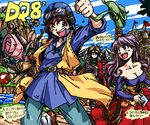  2boys :d ;d bag bangs bare_shoulders belt belt_pouch blonde_hair blue_eyes blush book breasts brown_hair cleavage cloud copyright_name corset cosplay day directional_arrow dragon_quest dragon_quest_ii dragon_quest_viii drawstring flag frills goggles goggles_on_headwear hanbu_hantarou happy hero_(dq8) hero_(dq8)_(cosplay) holding jessica_albert jessica_albert_(cosplay) jewelry kukuru_(dq8) large_breasts leg_warmers long_hair loose_belt multiple_boys necklace oekaki one_eye_closed open_book open_mouth outdoors path pendant pleated_skirt pouch prince_of_lorasia prince_of_samantoria princess_of_moonbrook purple_hair red_eyes road scroll short_hair skirt sky smile spiked_hair staff strapless sword taut_clothes translation_request tunic water weapon whip 