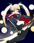  bardiche blonde_hair cape elbow_gloves fate_testarossa fingerless_gloves gloves hair_ribbon long_hair lyrical_nanoha mahou_shoujo_lyrical_nanoha red_eyes ribbon scythe single_elbow_glove single_glove skirt solo thighhighs twintails very_long_hair 