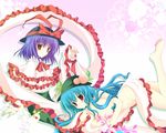  flower food fruit hat hinanawi_tenshi long_hair multiple_girls nagae_iku peach red_eyes shirogane_hina short_hair touhou 