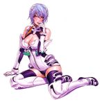  arm_support ayanami_rei blue_hair breasts cleavage elbow_gloves gloves highres large_breasts neon_genesis_evangelion older purple_hair red_eyes short_hair solo thighhighs wild_flower yamashita_shun'ya 