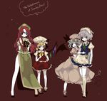  arms_behind_back bare_legs bat_wings blonde_hair blue_eyes bobby_socks eyelashes flandre_scarlet hat hong_meiling izayoi_sakuya long_hair maid mary_janes multiple_girls pale_skin red_eyes red_hair remilia_scarlet ribbon shikimi_(yurakuru) shoes short_hair side_slit silver_hair simple_background socks standing touhou wings 