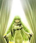  bad_id bad_pixiv_id bangs bodysuit c.c. code_geass curtain_grab curtains green_eyes green_hair light long_hair smile solo strap thigh_gap uka white_bodysuit yuuka_(o.t.kingdom) 