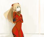  bangs blonde_hair blue_eyes bodysuit bracer breasts closed_mouth cowboy_shot floating_hair from_side gloves grey_background hair_between_eyes hands_up headgear hips holding_arm long_hair looking_away looking_up neon_genesis_evangelion parted_bangs pilot_suit plugsuit red_bodysuit simple_background small_breasts solo souryuu_asuka_langley standing tansuke thighs turtleneck 