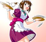  apron artist_request blue_eyes blush brown_hair copyright_request cup dropping hairband maid plate short_hair solo spilling teacup waitress 