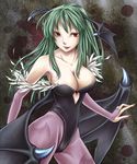  animal_print areolae bat_print blood breasts cleavage demon_wings green_hair head_wings large_breasts long_hair morrigan_aensland pantyhose pikoko print_legwear red_eyes solo vampire_(game) wings 