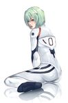  ayanami_rei bodysuit green_hair looking_back neon_genesis_evangelion non-web_source plugsuit red_eyes short_hair sitting solo white_bodysuit 