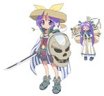  arrow bad_id bad_pixiv_id belt blue_eyes bow bow_(weapon) cape cosplay fuurai_no_shiren haiteku hat headband highres hiiragi_kagami hiiragi_tsukasa katana large_hat loose_clothes lucky_star multiple_girls pot purple_hair ronin sandogasa scroll shield skull staff straw_hat sword twintails weapon weasel yellow_bow 