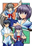  3girls bad_id bad_pixiv_id clannad fujibayashi_kyou fujibayashi_ryou hikarizaka_private_high_school_uniform kicking mimoton multiple_girls okazaki_tomoya sakagami_tomoyo school_uniform siblings sisters twins 