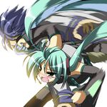  1girl aqua_hair bad_id bad_pixiv_id black_legwear blue_hair blue_scarf blush detached_sleeves green_eyes hatsune_miku headset kaito long_hair motion_blur open_mouth punching sakurame scarf short_hair tears thighhighs twintails very_long_hair vocaloid wrist_grab 