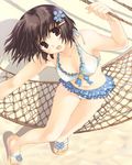  bikini brown_eyes brown_hair frilled_bikini frills hair_ornament hairclip hammock mitsumi_misato non-web_source original sand short_hair solo swimsuit 