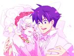  1girl bow bowtie bridal_veil bride couple dress earrings flower formal gloves happy hetero jewelry necklace nia_teppelin purple_eyes purple_hair ring rose sako simon smile suit tengen_toppa_gurren_lagann veil wedding wedding_dress white_hair 