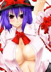  aoba_shou blush breasts hat large_breasts nagae_iku open_clothes open_shirt purple_hair ribbon shirt short_hair solo touhou 