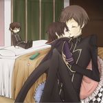  bedroom brown_hair character_doll closed_eyes code_geass jun_(eheh) kiss male_focus object_kiss rolo_lamperouge smile solo stuffed_toy 