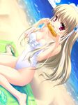  artist_request beach blonde_hair casual_one-piece_swimsuit copyright_request corn day hairband long_hair lowres one-piece_swimsuit red_eyes solo swimsuit 