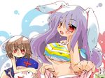  2girls :3 animal_ears beef_(gonzou) bikini blush breasts brown_hair bunny_ears covered_nipples fang inaba_tewi large_breasts long_hair multiple_girls one-piece_swimsuit purple_hair red_eyes reisen_udongein_inaba school_swimsuit short_hair swimsuit touhou yagokoro 
