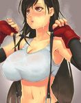  black_hair blush breasts cleavage elbow_gloves final_fantasy final_fantasy_vii fingerless_gloves gloves hot huge_breasts impossible_clothes impossible_shirt lips long_hair navel parted_lips red_eyes shirt solo suspenders suspenders_pull sweat taut_clothes taut_shirt tifa_lockhart very_long_hair yuuji_(and) 