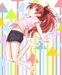  alternate_costume arched_back barefoot bow casual denim denim_shorts directional_arrow full_body hair_bow jumping long_hair mahou_shoujo_madoka_magica navel outstretched_hand ponytail red_eyes red_hair ryuunosuke_(luckyneco) sakura_kyouko shirt shorts solo striped striped_shirt 