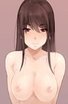  breasts brown_eyes brown_hair collarbone commentary light_smile long_hair looking_at_viewer medium_breasts nipples nude original pink_background solo upper_body wachiwo 
