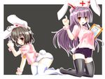  ahoge animal_ears bad_id bad_pixiv_id black_hair black_legwear blush breasts bunny_ears bunny_tail carrot carrot_necklace character_name clipboard crescent hat hidamari_(mizuiro_yume_koubou) highres inaba_tewi jewelry kneeling large_breasts long_hair multiple_girls name_tag necklace nurse_cap pendant purple_hair reisen_udongein_inaba school_swimsuit short_hair swimsuit swimsuit_under_clothes tail thighhighs touhou white_legwear 