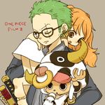  1boy 1girl :o barefoot bespectacled brown_eyes carrying child copyright_name cow cow_print dress earrings formal glasses green_hair horns jewelry long_hair milk nami nami_(one_piece) one-eyed one_piece one_piece_film_z orange_hair plaid reindeer roronoa_zoro scar suit title_drop tony_tony_chopper twintails young younger yukke 