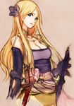  akai_kagerou bare_shoulders blonde_hair blue_eyes breasts celes_chere cleavage collarbone detached_sleeves final_fantasy final_fantasy_vi hair_ornament jewelry long_hair medium_breasts necklace parted_lips sash sheath sheathed solo sword weapon 