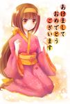  ajimu_najimi akeome blush bow brown_eyes brown_hair hairband happy_new_year highres japanese_clothes kimono light_smile long_hair medaka_box new_year pochi07 seiza sitting solo very_long_hair yellow_bow 