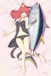  alternate_hairstyle animal_ears babydoll bare_shoulders barefoot black_panties cat_ears cat_tail extra_ears fish hair_down highres isaki_(gomi) kaenbyou_rin leg_ribbon long_hair lying multiple_tails navel on_back open_mouth panties pointy_ears red_eyes red_hair ribbon solo tail thigh_gap touhou tuna underwear underwear_only 