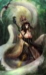  2013 alternate_costume bare_shoulders breasts brown_hair cassiopeia_du_couteau claws cleavage finger_to_mouth grass hat highres lamia large_breasts league_of_legends long_hair monster_girl robe snake solo staff weapon yellow_eyes zhang_xiao_bo 