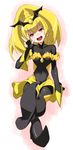  1girl bad_end_peace bad_end_precure blonde_hair blush bodysuit boots breasts choker clothed_navel dark_persona dress earrings fingerless_gloves gloves hair_ornament head_tilt jewelry long_hair magical_girl navel open_mouth ponytail precure simple_background sitting small_breasts smile smile_precure! solo teeth tongue ushiki_yoshitaka v white_background wrist_cuffs yellow_eyes 