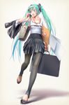  bag beige_background black_footwear black_legwear blush bow briefcase calling casual full_body green_hair hair_ornament hatsune_miku holding_clothes leggings legs long_hair long_sleeves multicolored multicolored_eyes name_tag open_mouth shirt shoe_bow shoes simple_background skirt solo twintails very_long_hair vocaloid white_shirt wokada 