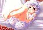  ahoge bad_id bad_pixiv_id barefoot bed bloomers breasts feet legs lying on_back original pillow purple_hair red_eyes short_hair small_breasts solo strap_slip toes underwear uz3d 