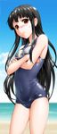  black_hair blush brown_eyes byeontae_jagga covered_navel crossed_arms highres houraisan_kaguya long_hair looking_at_viewer one-piece_swimsuit school_swimsuit shiny shiny_clothes skindentation solo sweatdrop swimsuit touhou wet wet_clothes 