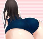  ass ass_focus bare_shoulders bent_over black_hair blue_swimsuit close-up commentary_request from_behind highres long_hair one-piece_swimsuit original pink_background school_swimsuit solo striped striped_background swimsuit thighs wachiwo 