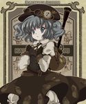  adapted_costume alternate_color alternate_hair_color backpack bag belt black_gloves bloomers character_name cowboy_shot english gears gloves grey_eyes grey_hair hat iris_anemone kawashiro_nitori pocket_watch short_hair solo steampunk telescope touhou two_side_up underwear watch 